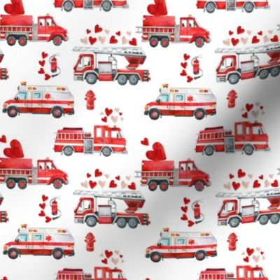 Small / Love to the Rescue - Valentine Fire Trucks and Hearts