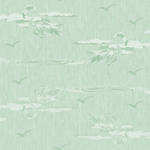 Light Green White Summer Pastel Palette Tropical Birds Pattern, Whimsical Flamingo Reflections  Wading in Water Ripples on White and Green Linen Texture Background