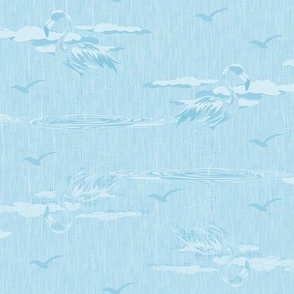Whimsical Blue Textured Linen Blue Bathroom Decor, Tropical Wading Flamingo Bird Habitat, Blue and White Linen Texture for Bathroom Decor