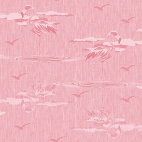 Soft Pink Flamingo Bird Illustration, Exotic Pink Flamingos Wading in Water Reflections, Pink Tropical Birds on Pink Linen Texture Background, Bathroom Powder Room Décor, Water Ripple Reflection, Soft Pink Flamingo Bird Illustration, Exotic Pink Flamingos