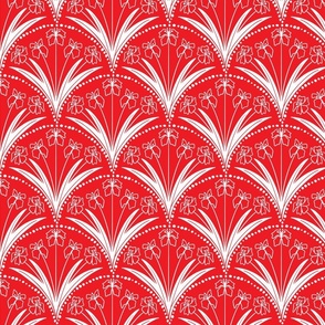 Floral Arches Water Irises Art Nouveau Style White on Bright Red