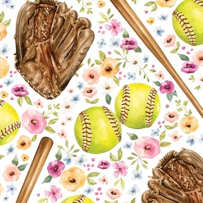 Watercolor Floral Softball Game on White 24 inch