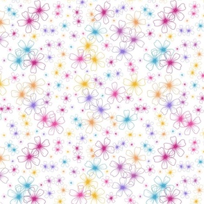 Pretty Bold Scattered Flowers in Lilac, Wine, Turquoise, Yellow on White Larger Scale