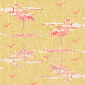 Yellow Bathroom Pink Flamingos Wild Bird Illustration, Pink White Flamingo Birds in River Lakeside Habitat, Water Ripples on Lemon Yellow Linen Texture Background