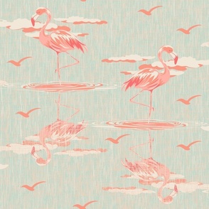 Textured Teal Linen and Pink Bird Illustration, Wading Wild Flamingos on Lakeside, River Bird Wildlife Flamingo Flock, Pink Flamingos Wading on Water Ripple Reflections