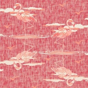 Salmon Pink Bathroom Decor, Flamingo Birds in Water Ripples, Hot Summer Day Water Reflections, Red Pink Textured Cloudy Sky, Tropical Flamingos Dreamscape in Water, Bird Art Inspired Decor, Bright Red Pink Linen Texture, Exotic Tropical Birds Flamingo Hab