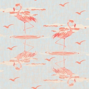 Salmon Pink Summer Vacation Home Decor, Whimsical Exotic Birds Wallpaper, Pink Flamingo Birds on Textured Sky Blue, Natures Bird Art Illustration  Inspired Wildlife on Textured Background