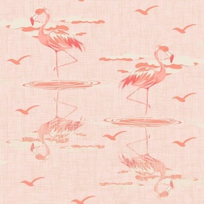 Pink Flamingo, Soft Peach  Exotic Flamingo Birds, Whimsical Tropical Paradise, Soft Pink Wading Birds, Peach Pink Bird Lovers Paradise, Home or Bathroom Wildlife Decor