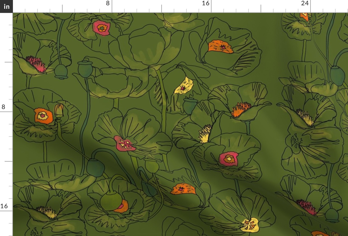 Sketched & Watercolor Poppy Field Vignette on Dark Grass
