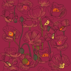Sketched & Watercolor Poppy Field Vignette on Crimson