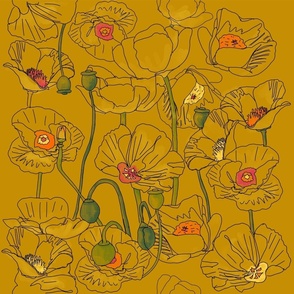 Sketched & Watercolor Poppy Field Vignette on Mustard