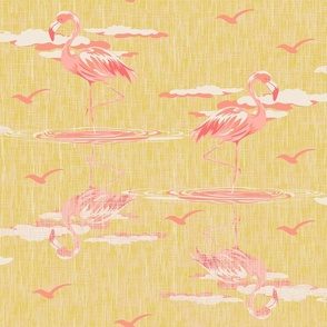 Vintage Pink Yellow White Color Palette, Wild Flamingo Birds, Pink Yellow Animal Home Decor, Colorful Nature Lemon Yellow Bathroom, Light Pink Flamingo Sorbet