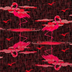 Bright Neon Pink Flamingos, Unique Wildlife Bird Print, Abstract Neon Bright Pink Flamingo Bird on Dark Background