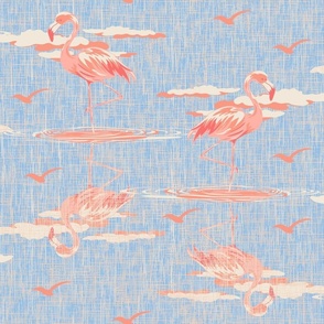 Pink and Blue Tropical Birds, Wildlife Safari Flamigo Birds, Bird Nature Lover Pink Flamingo Lake Life Scene, Sky Blue Salmon Pink Linen Textured Background
