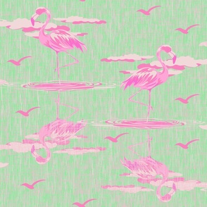 Vintage Vibe Color Palette Retro Flamingo Art, Pink and Green Flamingo Lake Life Bird Habitat, Trippy Pink and Green Coarse Linen Texture Bathroom Decor