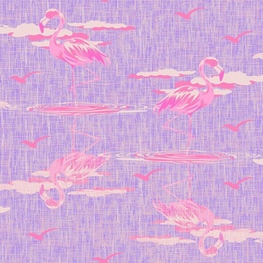 Pink and Purple Bird Art Illustration, Whimsical Vintage Pink Powder Room Bathroom Home Decor, Vintage Vibes Color Palette, Pink and Purple Bathroom Flamingo Birds Pattern