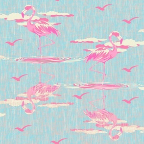Retro Flamingo Bird Pattern, Retro Pink White and Blue Color Palette, Pink Flamingo Bird Maximalist Bathroom Decor, Tropical Safari Flamingo Lake Life Colony on Linen Texture