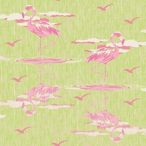 Pink and Green Abstract Bird Pattern, Pink Sorbet and Lime Green Linen Texture, Exotic Pink Flamingo Bird Wallpaper, Bird Watching Wildlife Lover, Whimsical Lake Life Mangrove Swamps Decor