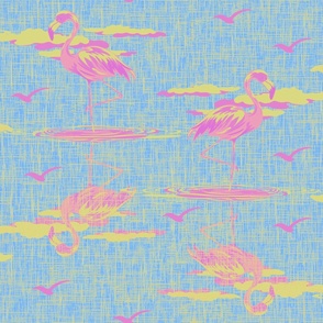 Realistic Whimsical Bird Art, Pink and Yellow Flamingo Birds, Exotic Wildlife Textured Wallpaper, Tropical Bird Nature Wallpaper on Sky Blue Texture