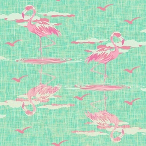 Pink and Green Bizarre Birds Decor, Turquoise Green Funky Flamingos Exotic Wallpaper, Tropical Wallpaper for Stylish Home, Flamingo Bird Watching on Linen Texture