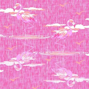 Pink White Beige Hand Drawn Bird Illustration, Tropical Fun Pink Bathroom Decor, Colorful Exotic Bird Wallpaper, Coarse Texture Wildlife Nature Lover Pattern