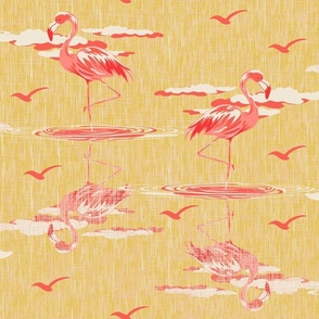 Pink Flamingo Birds, Pink and Yellow Flamingos Illustration, Maximalist Bird Pattern, Flamingo Riverside Colony, Pink Yellow Bathroom Decor, Tropical Pink Yellow Linen Texture