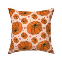 Welcoming Watercolor Painted Pumpkins on Peach Fuzz with Dots; MED SCALE, 4800, v07; apricot, orange, fall, autumn, welcome, wallpaper, entryway
