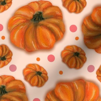 Welcoming Watercolor Painted Pumpkins on Peach Fuzz with Dots; MED SCALE, 4800, v07; apricot, orange, fall, autumn, welcome, wallpaper, entryway