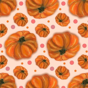 Watercolor Pumpkins Greetings, XL SCALE, 7200, v07; Peach Fuzz and Polka Dots, fall, harvest, pink, apricot, pastel, painted, illustration, tumble, bedding, kitchen, table, tablecloth