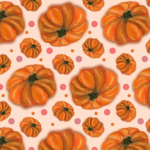 Watercolor Pumpkins Greetings, LARGE SCALE, 6300, v07; Peach Fuzz and Polka Dots, fall, harvest, pink, apricot, pastel, painted, illustration, tumble, bedding, kitchen, table, tablecloth