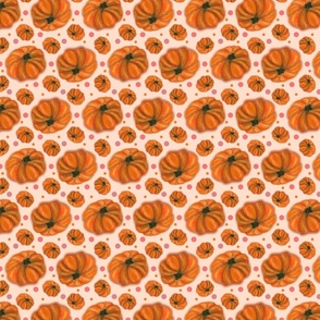 Watercolor Pumpkins Greetings, SM SCALE, 2400, v07; Peach Fuzz and Polka Dots, fall, harvest, pink, apricot, pastel, painted, illustration, tumble, bedding, kitchen, table, tablecloth