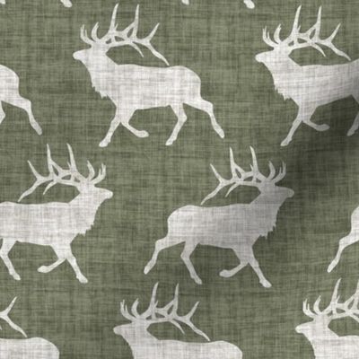 Elk on Linen - Medium - Green and Cream Animal Rustic Cabincore Boys Masculine Men Outdoors Hunting Cabincore Hunters