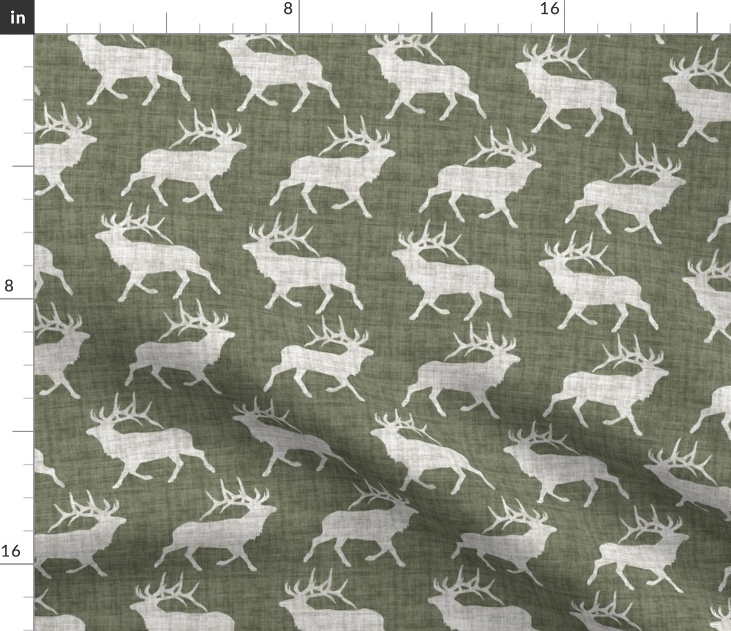 Elk on Linen - Medium - Green and Cream Animal Rustic Cabincore Boys Masculine Men Outdoors Hunting Cabincore Hunters