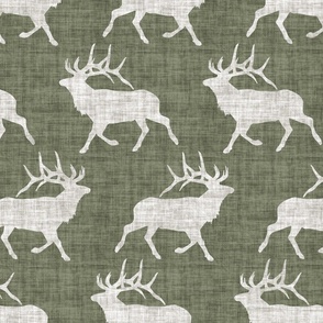 Elk on Linen - Large - Green and Cream Animal Rustic Cabincore Boys Masculine Men Outdoors Hunting Cabincore Hunters