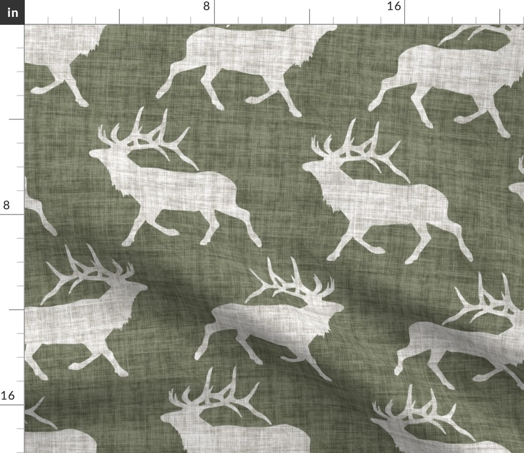Elk on Linen - Large - Green and Cream Animal Rustic Cabincore Boys Masculine Men Outdoors Hunting Cabincore Hunters