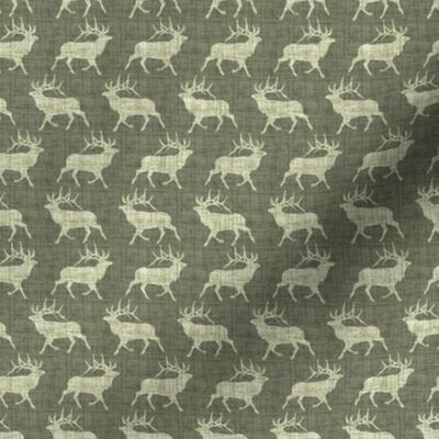Elk on Linen - Ditsy - Green Animal Rustic Cabincore Boys Masculine Men Outdoors Hunting Cabincore Hunters