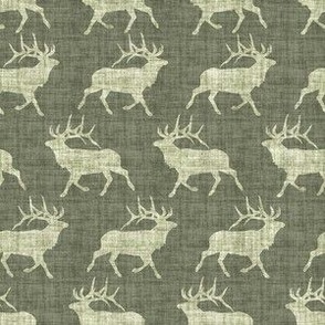 Elk on Linen - Small - Green Animal Rustic Cabincore Boys Masculine Men Outdoors Hunting Cabincore Hunters