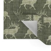 Elk on Linen - Medium - Green Animal Rustic Cabincore Boys Masculine Men Outdoors Hunting Cabincore Hunters