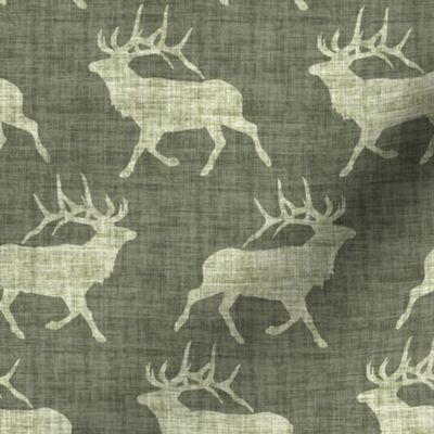 Elk on Linen - Medium - Green Animal Rustic Cabincore Boys Masculine Men Outdoors Hunting Cabincore Hunters