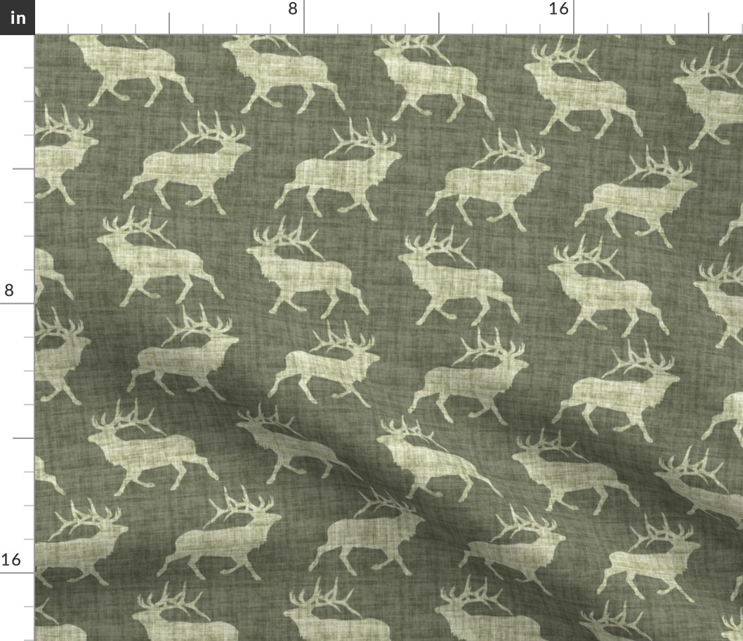 Elk on Linen - Medium - Green Animal Rustic Cabincore Boys Masculine Men Outdoors Hunting Cabincore Hunters