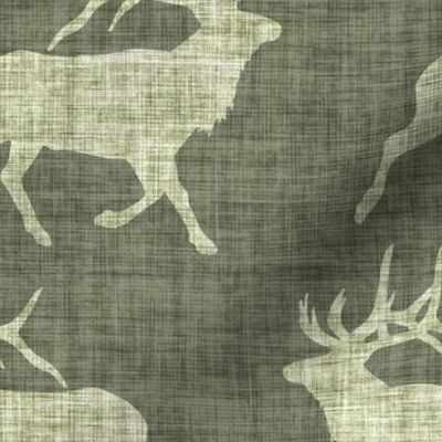 Elk on Linen - Large - Green Animal Rustic Cabincore Boys Masculine Men Outdoors Hunting Cabincore Hunters