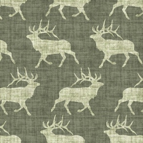 Elk on Linen - Large - Green Animal Rustic Cabincore Boys Masculine Men Outdoors Hunting Cabincore Hunters