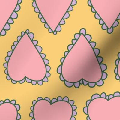 Scalloped Hearts - Medium - Pastel Yellow and Pink