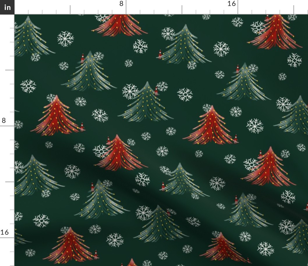 Evergreen Trees and Little Elves Repeating Pattern