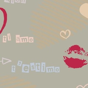 Words of love, kisses, arrows and hearts on a khaki striped background. Bigger 16 inches