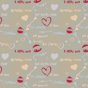 Words of love, kisses, arrows and hearts on a khaki striped background. Small 4,5 inches