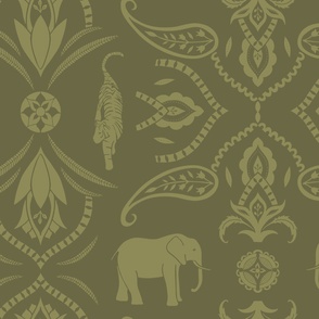 Jungle damask elephants tigers and ornaments lime green - large scale