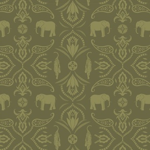 Jungle damask elephants tigers and ornaments lime green - medium scale