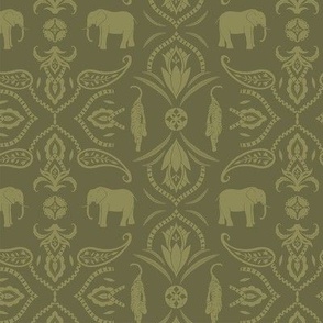 Jungle damask elephants tigers and ornaments lime green - small scale