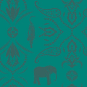 Jungle damask elephants tigers and ornaments teal green verdigris - large scale